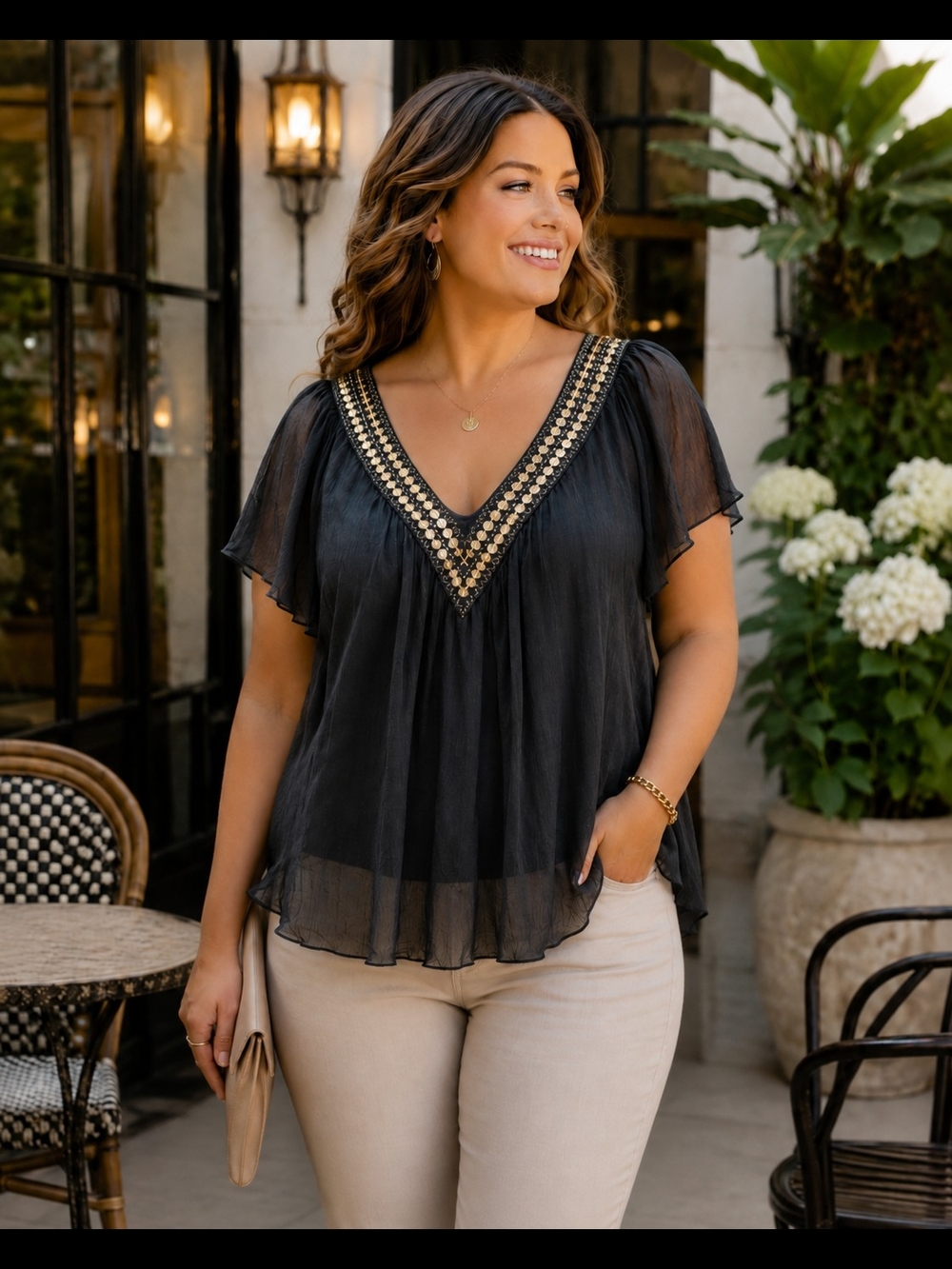DKNY Jeans Black Sheer Embellished V-Neck Flutter Sleeve Blouse XL